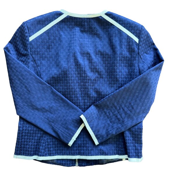 Linea Navy Blue Blazer Size 8 White Piping Zip Front Lined Preppy Work Jacket - Picture 4 of 7